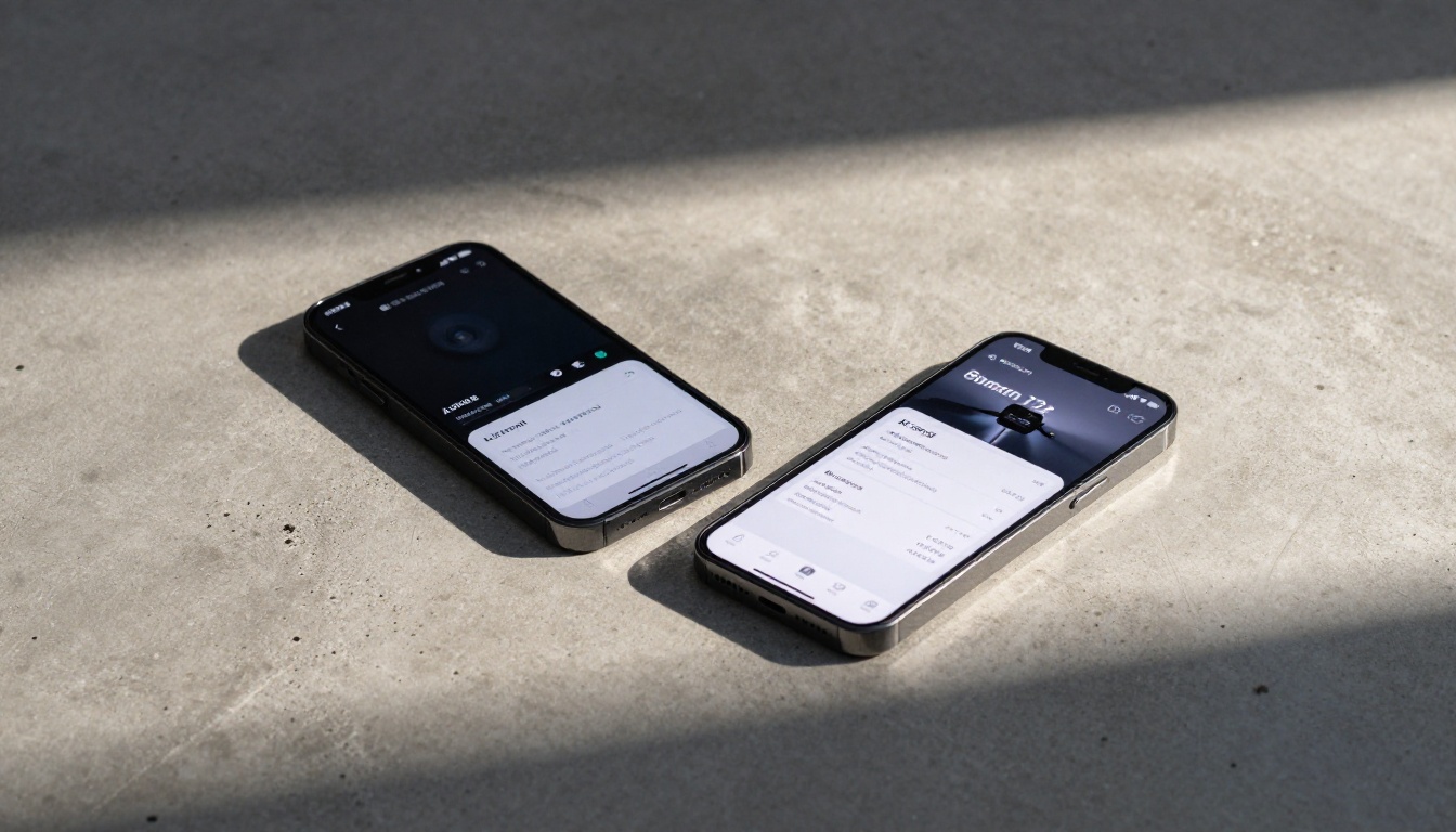 Two modern smartphones side by side on concrete surface showing different AI video platform pricing interfaces