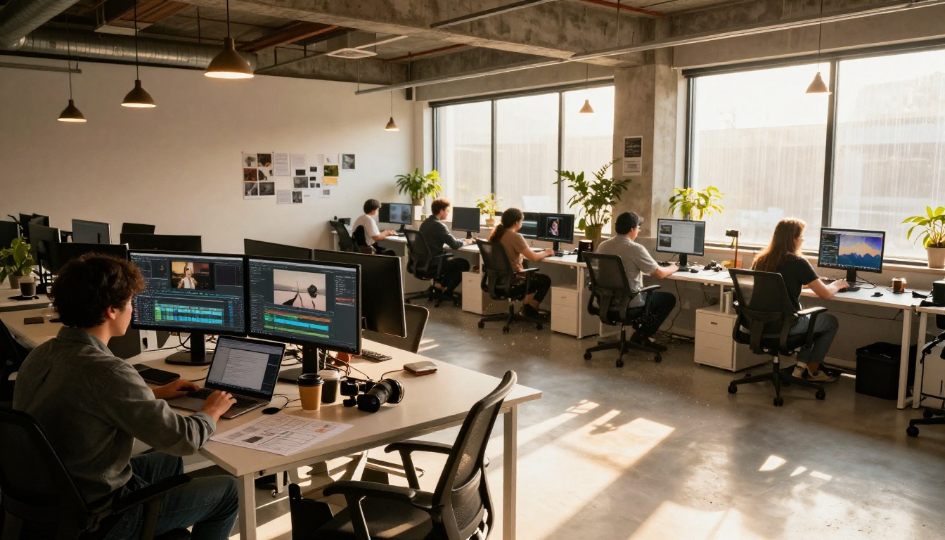 Professional video production agency open-plan office with teams working at AI video generation stations
