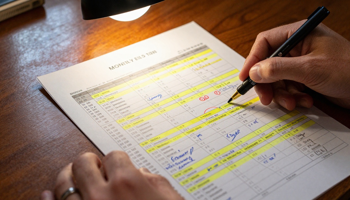Hand reviewing AI tool subscription costs highlighted on a printed monthly budget report