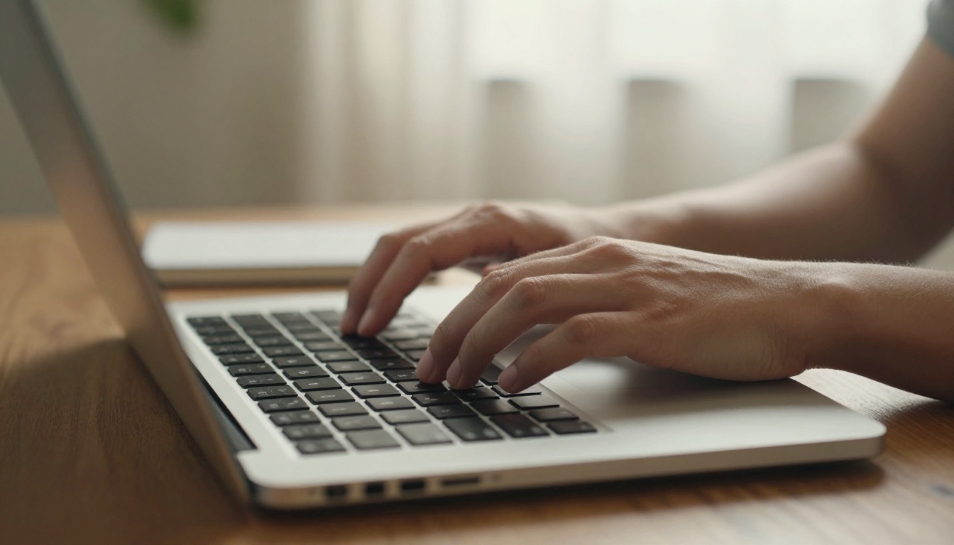 Young woman's hands typing on laptop keyboard in warm-lit home office with natural afternoon light