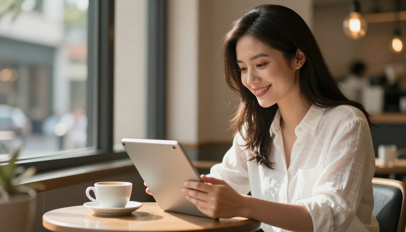 Woman smiling while reviewing content on tablet at sunlit cafe booth