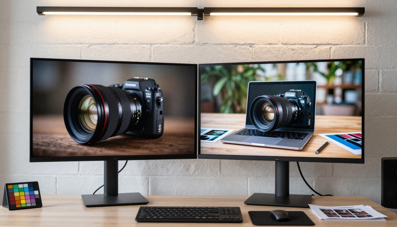 Monitor on studio wall showing two high-resolution photograph comparisons