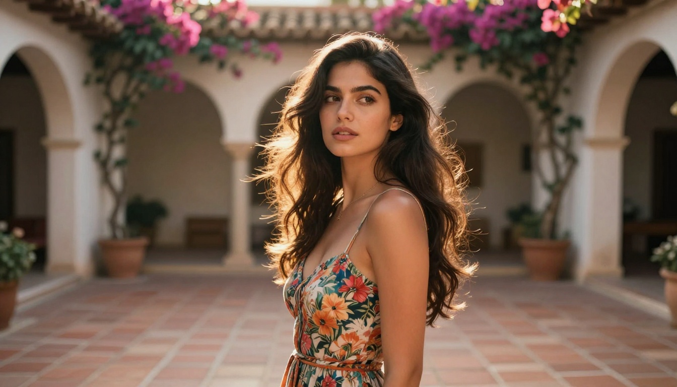 Beautiful woman in floral sundress in Mediterranean courtyard with golden hour lighting
