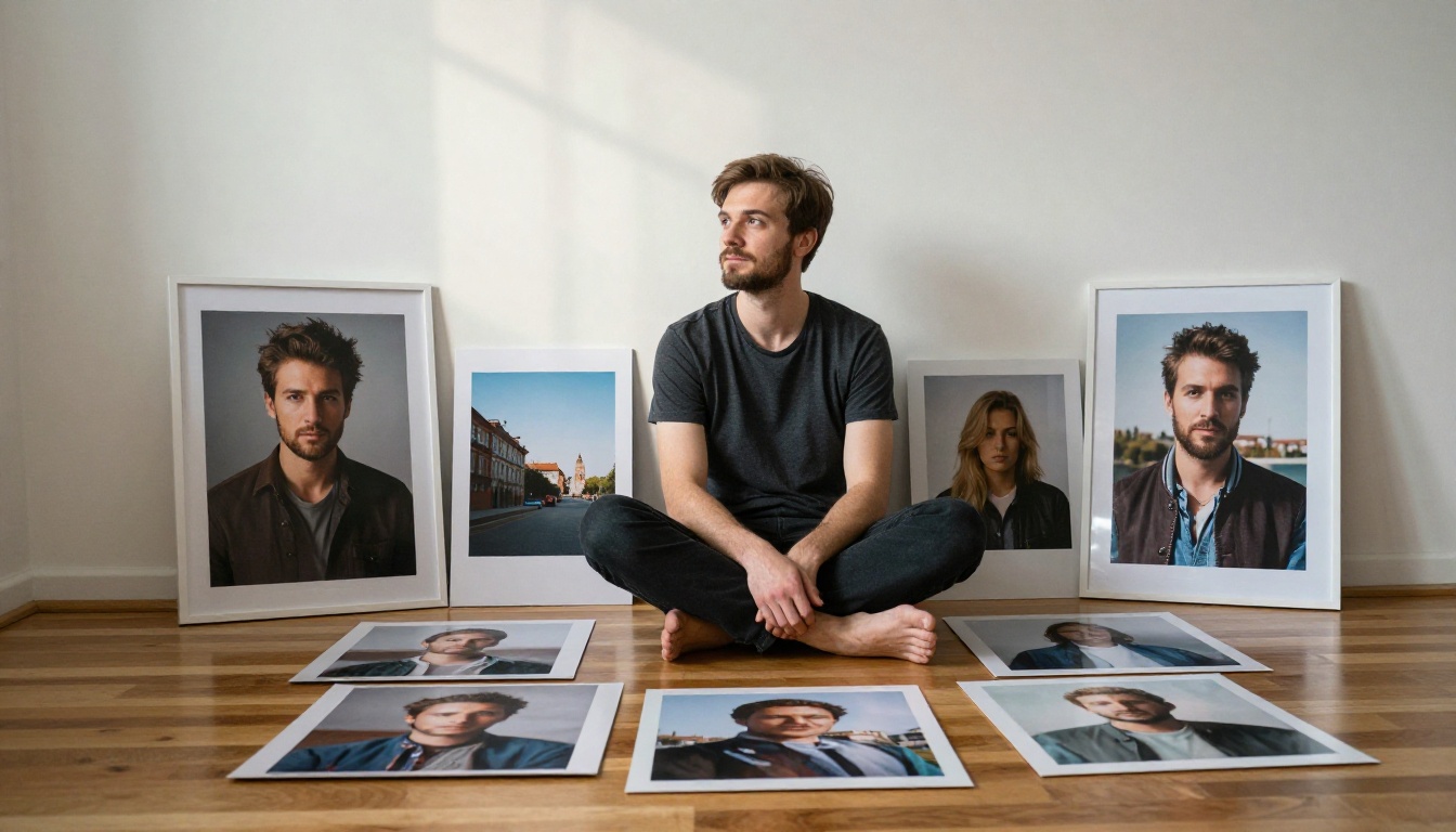 Man sitting cross-legged on apartment floor surrounded by large printed portrait photos