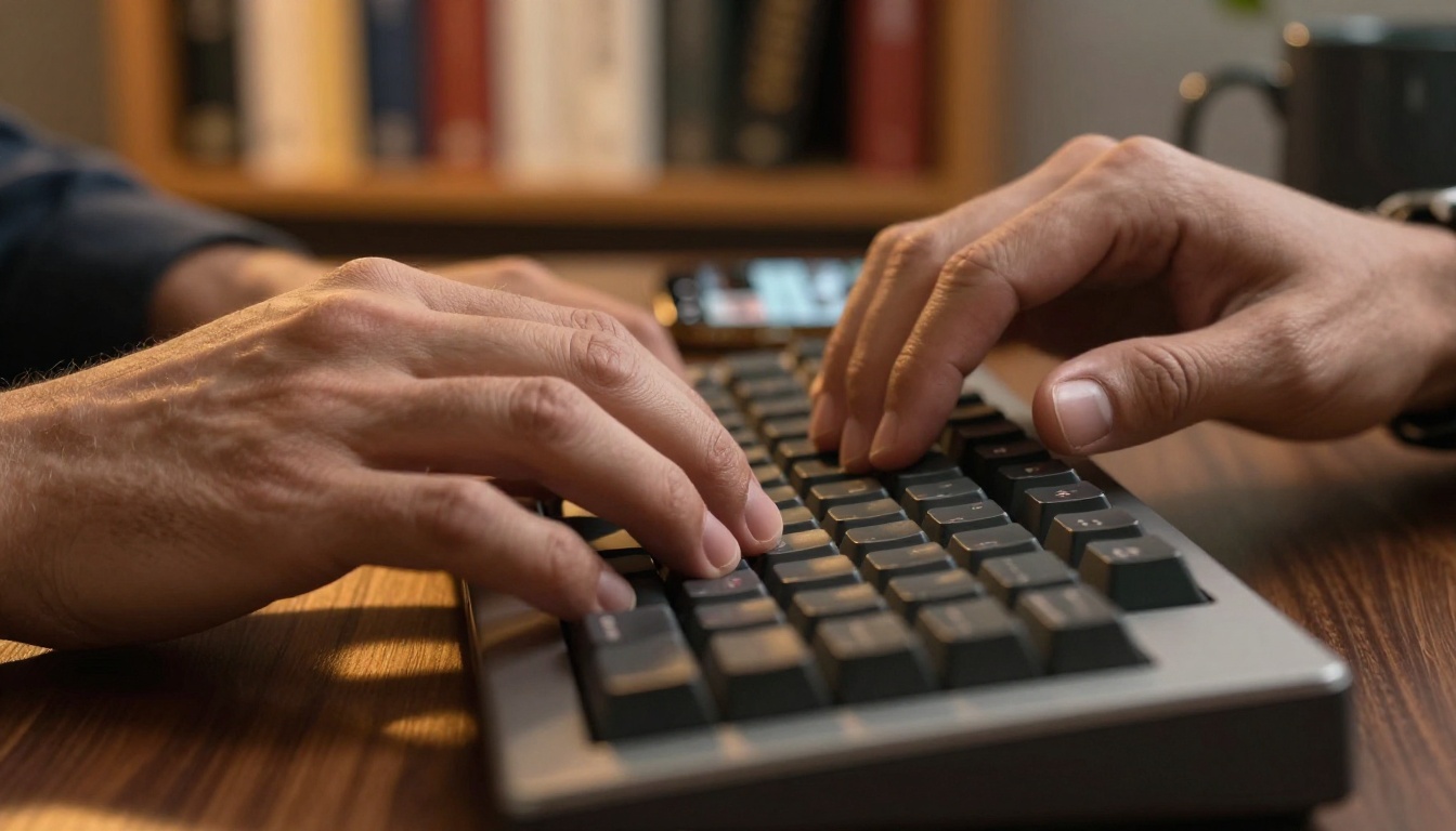 Man typing on mechanical keyboard with smartphone showing AI video app thumbnail interface