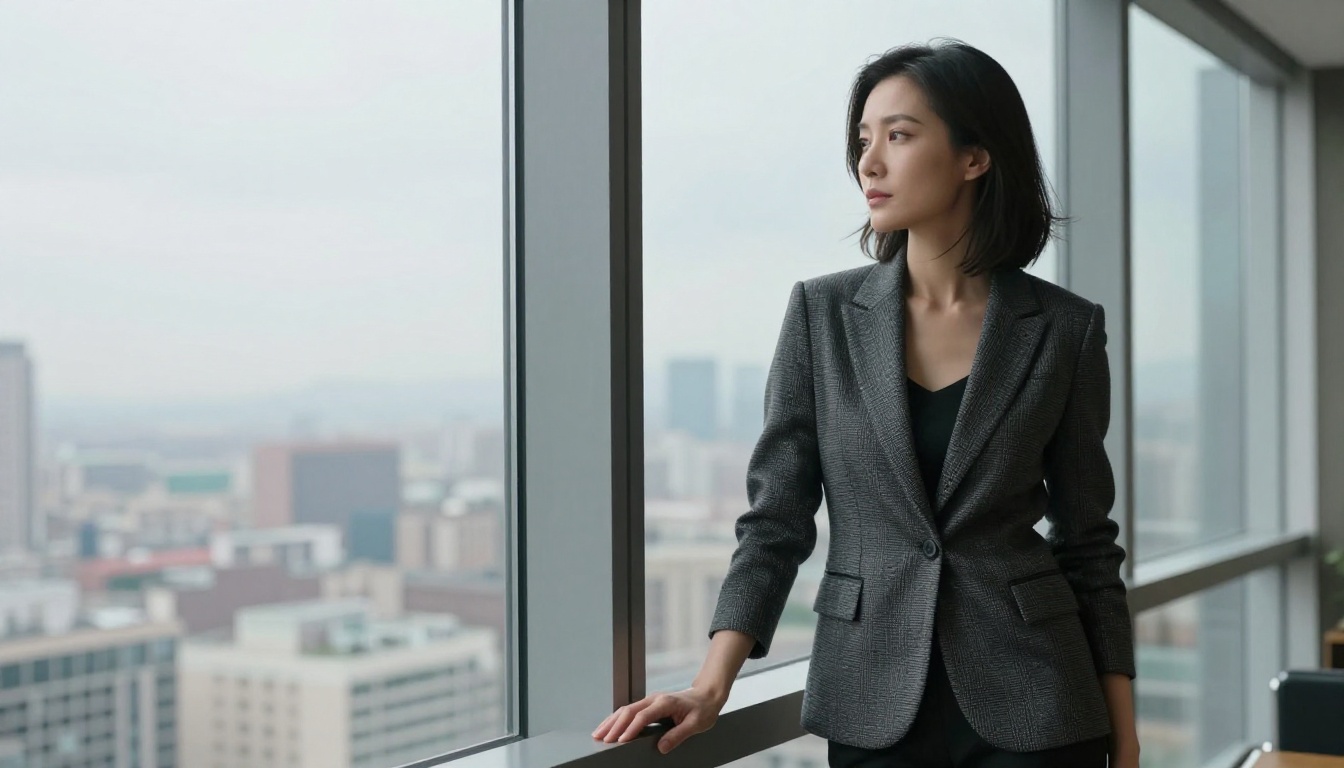 Elegant woman in blazer standing by floor-to-ceiling window with blurred city view