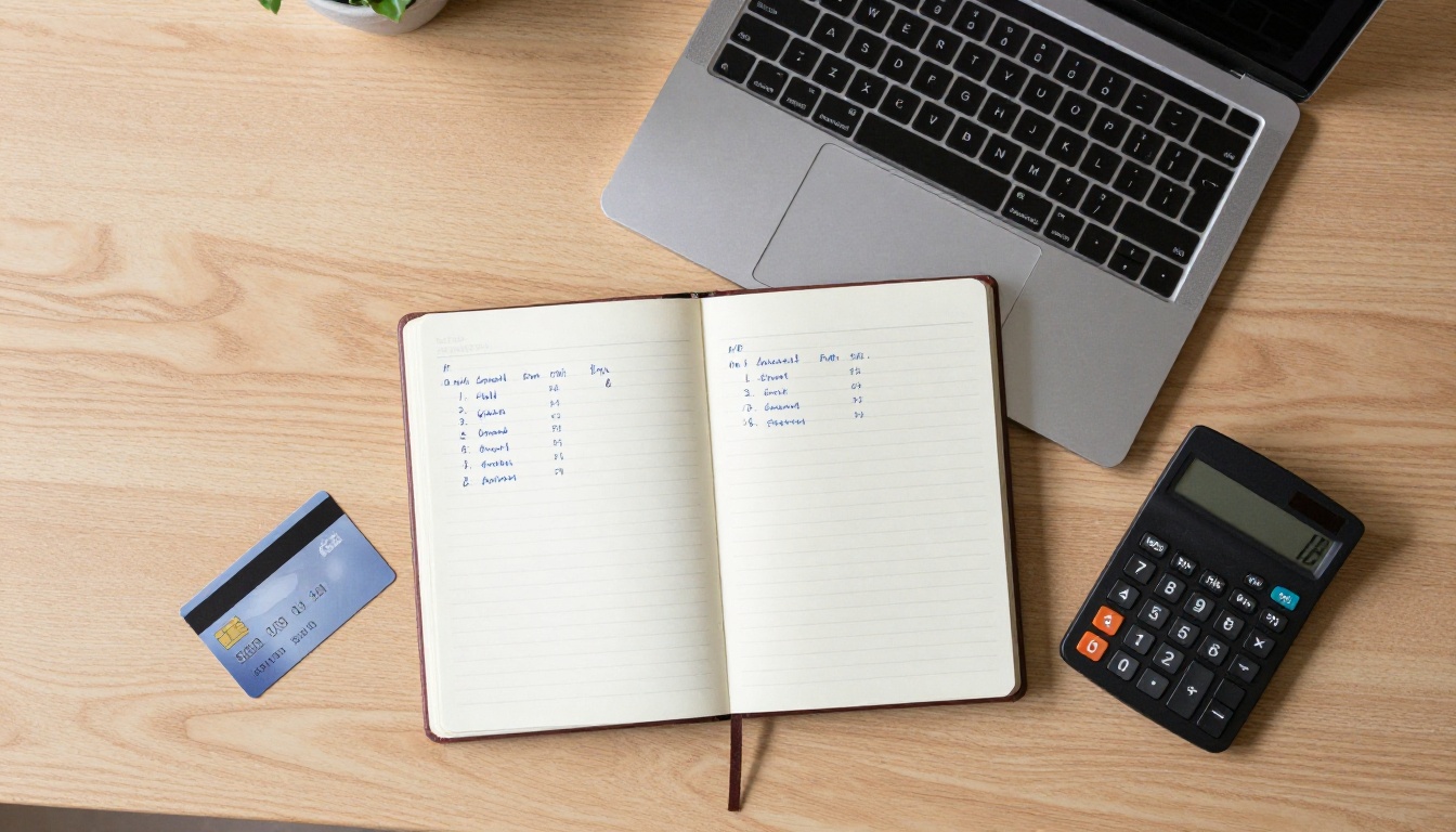 Aerial flat lay of open laptop, notebook with comparison notes, credit card and calculator on oak desk