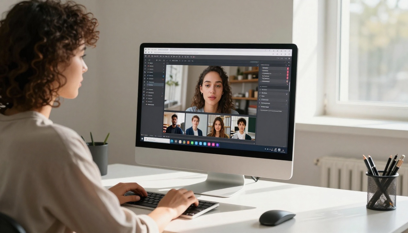 Young woman with curly hair comparing two AI video platforms side by side at bright co-working desk