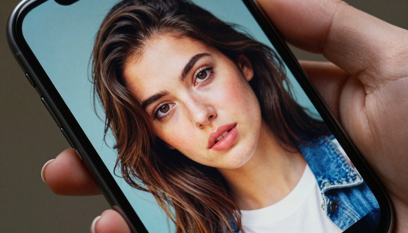 Macro close-up of smartphone screen displaying AI-generated portrait, hand visible at edge