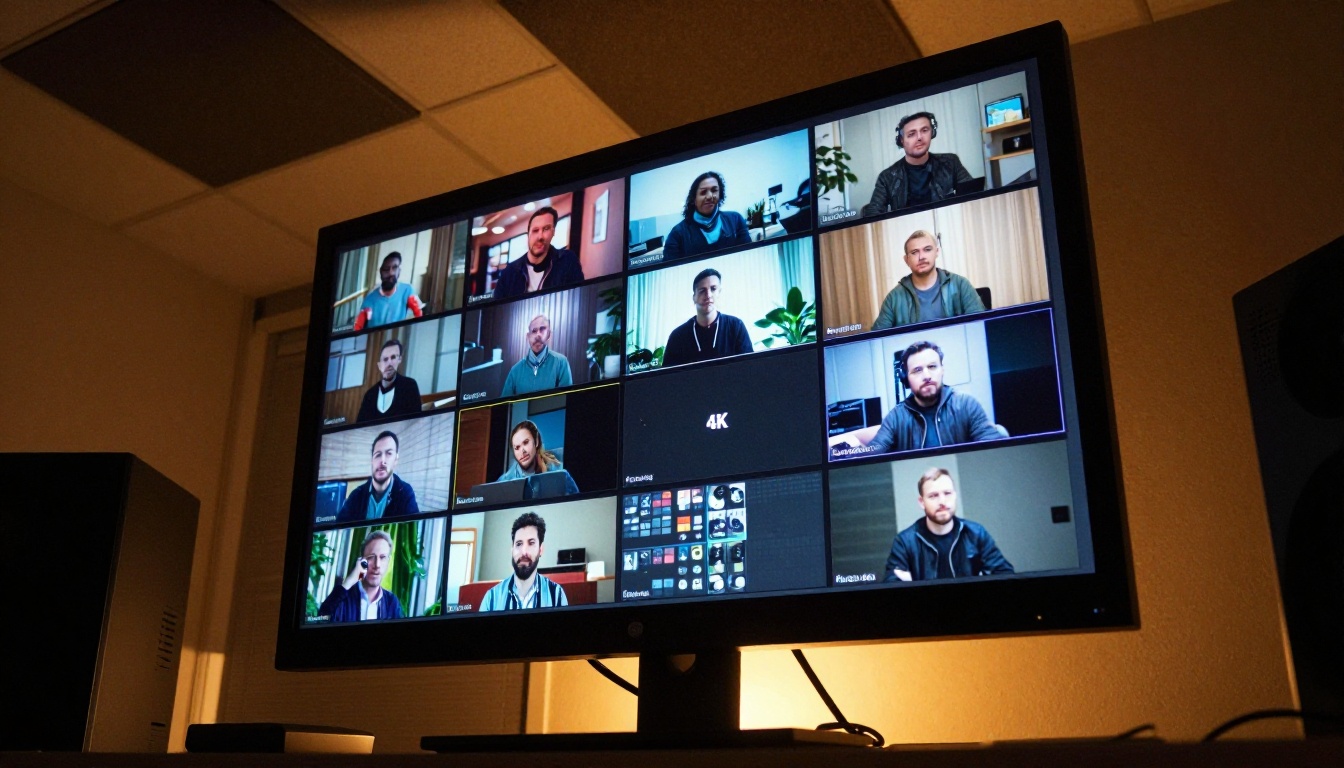 Low-angle view of large 4K monitor in dark professional video editing suite with warm desk lamp