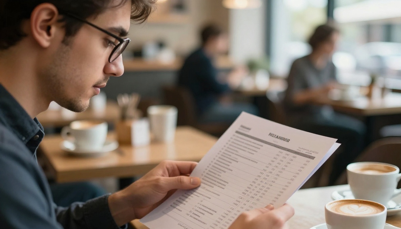 Man in glasses reviewing printed pricing comparison at a bright café table with warm bokeh background