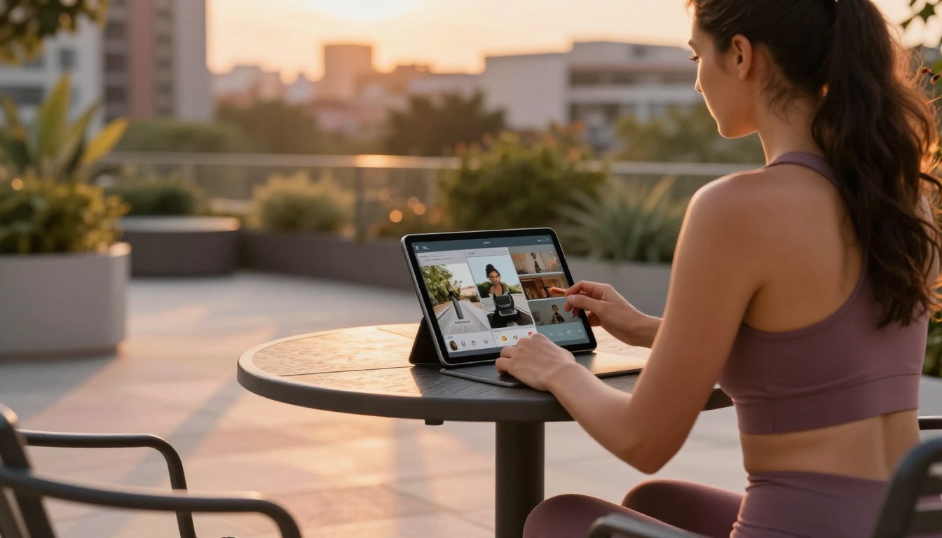 Woman in athletic wear on terrace with tablet showing AI video creation app during golden hour