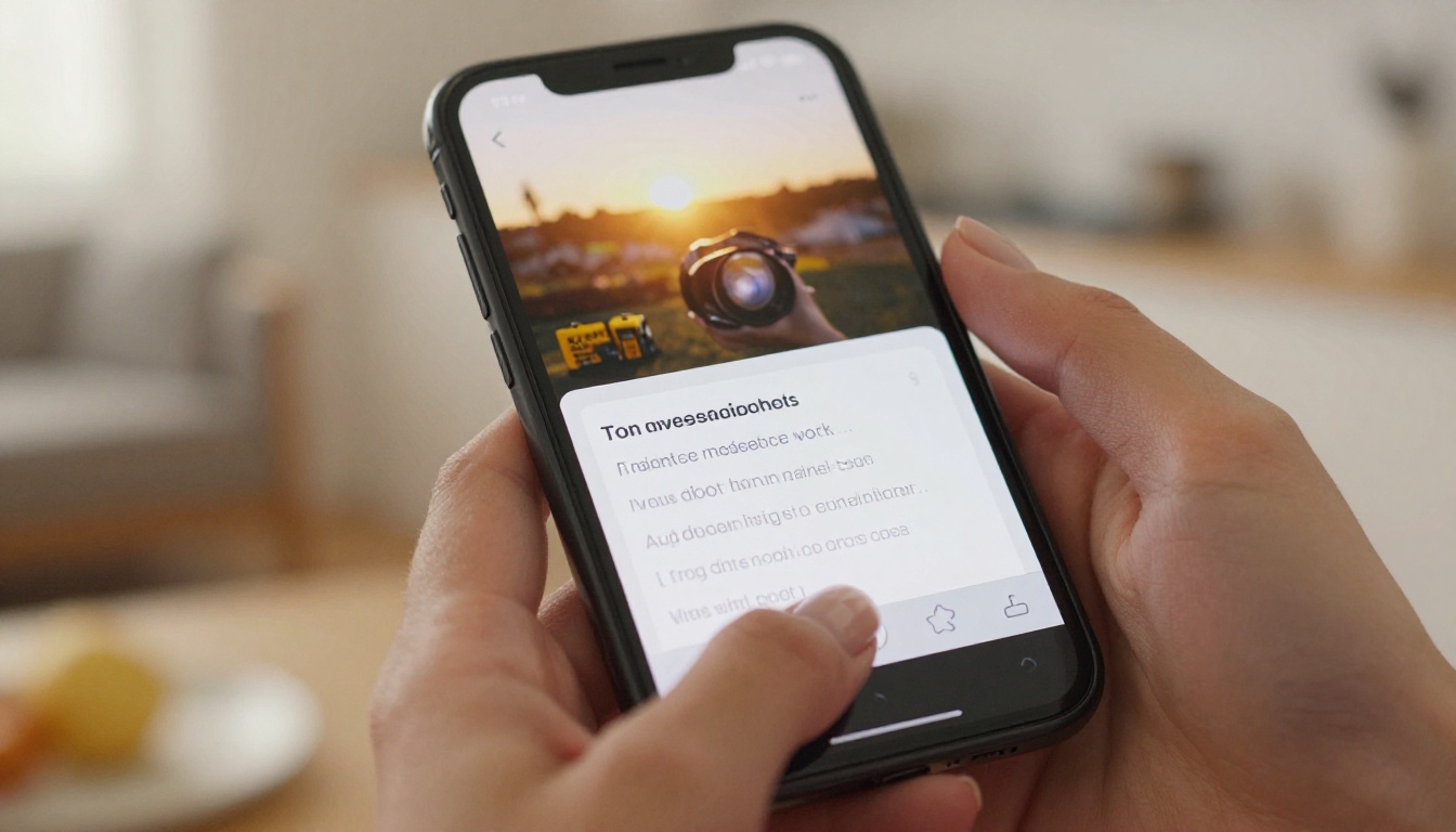 Close-up of female hands holding smartphone displaying AI video generation mobile interface with warm kitchen background
