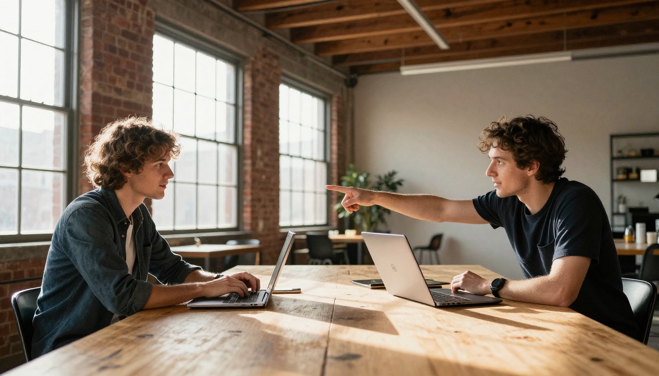 Two creators sharing laptops in a casual creative studio with brick walls and natural industrial light