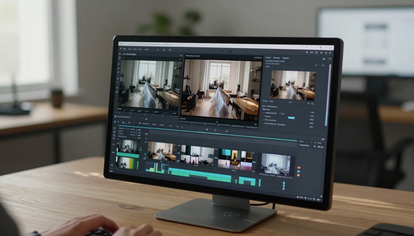 Video editing timeline displayed on a monitor in a minimalist studio workspace Video editing timeline displayed on a monitor in a minimalist studio workspace