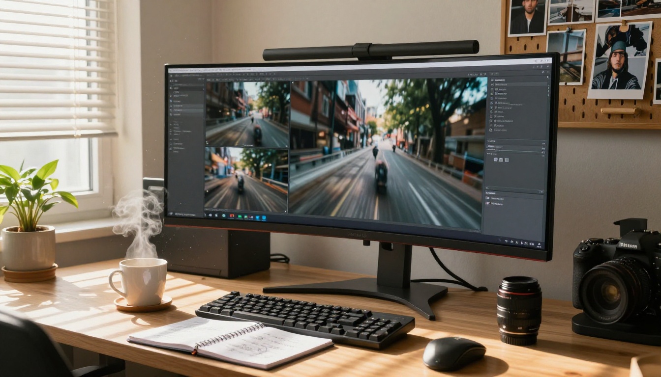 Photographer's creative workstation with ultrawide monitor showing cinematic video frames Photographer's creative workstation with ultrawide monitor showing cinematic video frames
