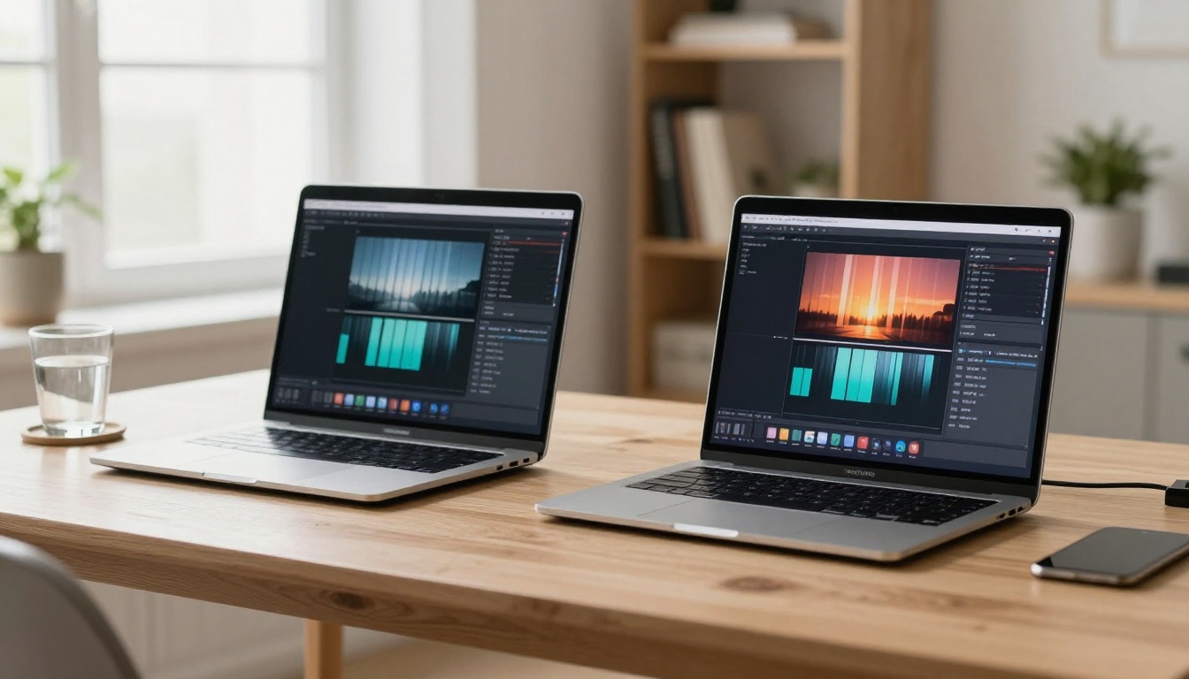Two identical laptops side by side showing video processing on wooden desk Two identical laptops side by side showing video processing on wooden desk