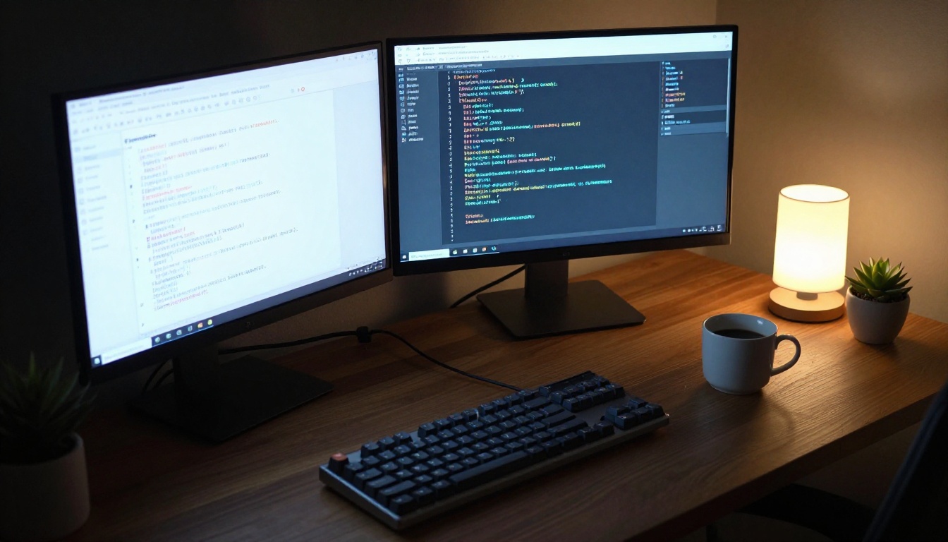 Developer's dual-monitor setup with terminal windows and AI configuration screens Developer's dual-monitor setup with terminal windows and AI configuration screens