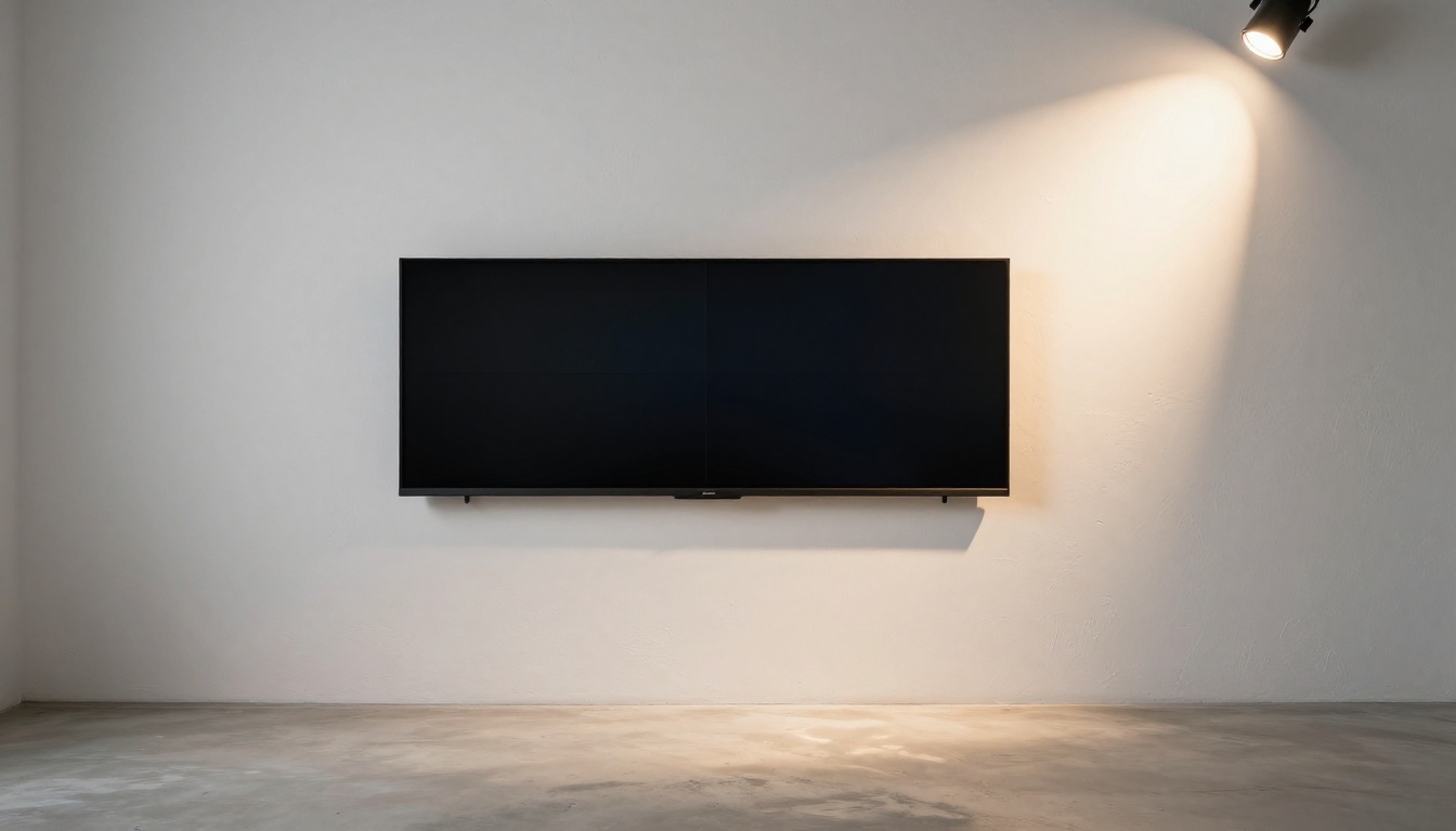 Large widescreen monitor on white wall displaying video comparison frames in studio Large widescreen monitor on white wall displaying video comparison frames in studio