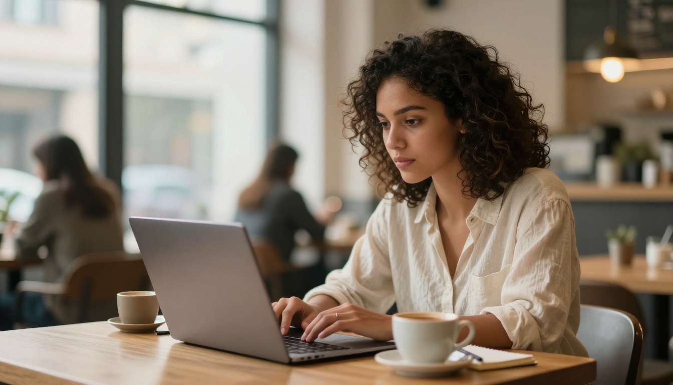 Young woman with curly hair working on laptop in bright warm cafe space