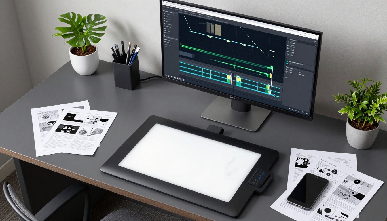 Animation workspace with graphics tablet and printed storyboards from top-down aerial view