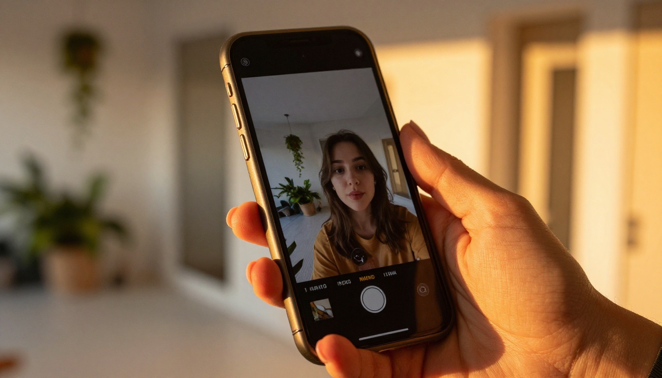 Smartphone held in hand displaying video preview with golden hour rim lighting