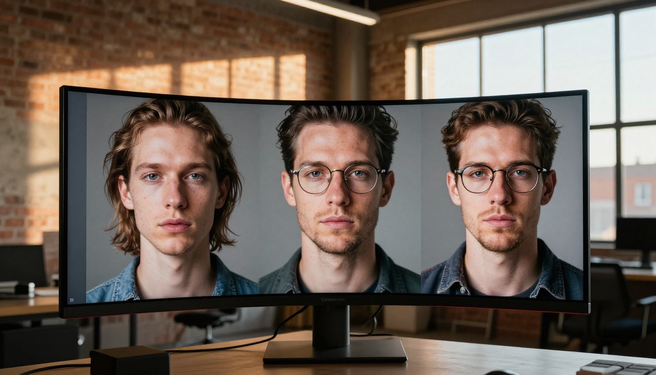 Creative director reviewing AI-generated photography on a professional ultrawide monitor in a warm loft studio