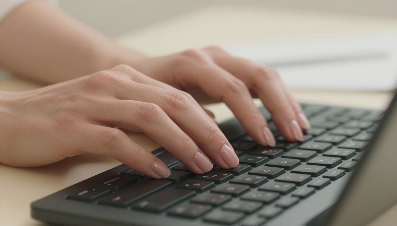 Close-up of hands typing prompts on a sleek mechanical keyboard with soft natural light and blurred studio background