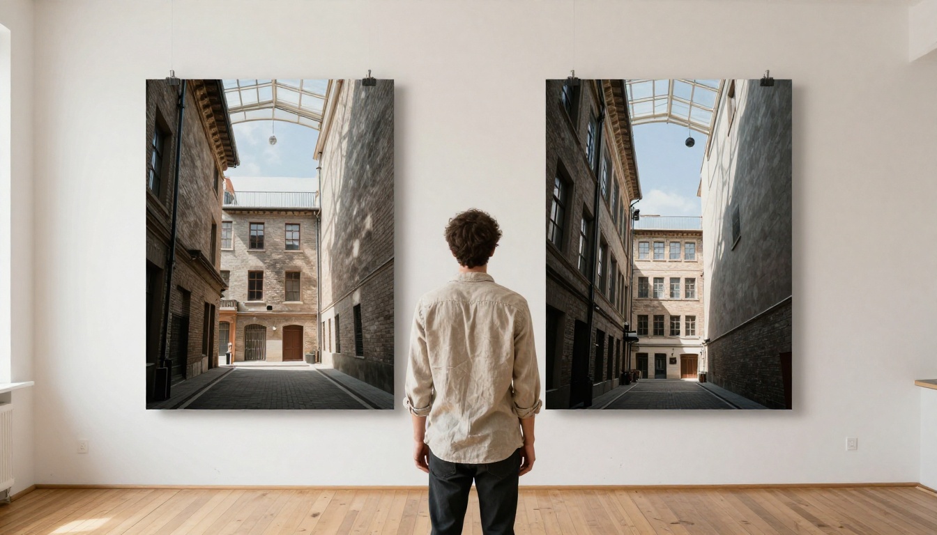 Creative professional comparing two large photographic prints side by side in a bright modern art studio with skylight illumination