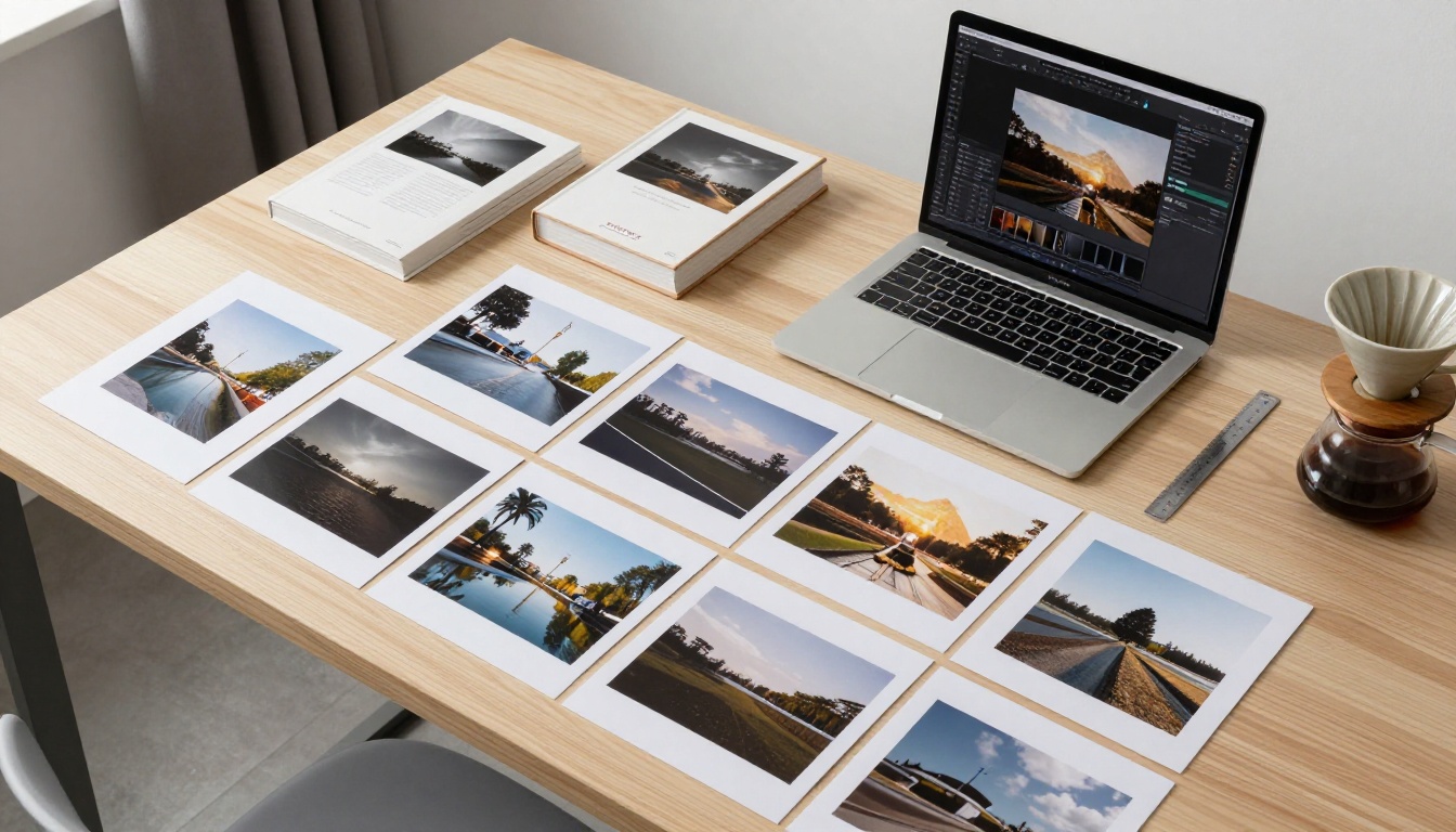 Aerial flat-lay of a minimalist creative workspace with printed photographic references, open MacBook, and coffee setup on white oak desk