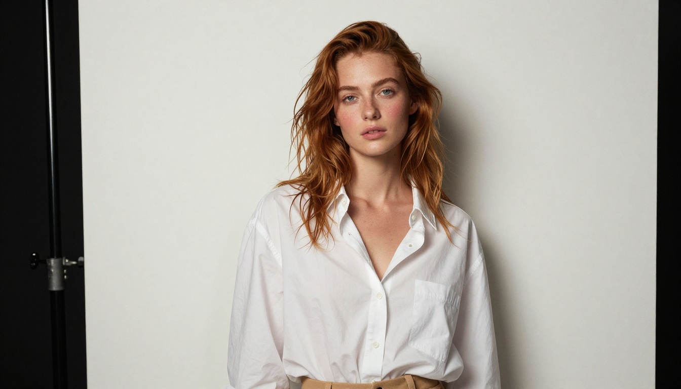 Portrait of a confident young woman with natural auburn hair in a professional photography studio with octabox lighting