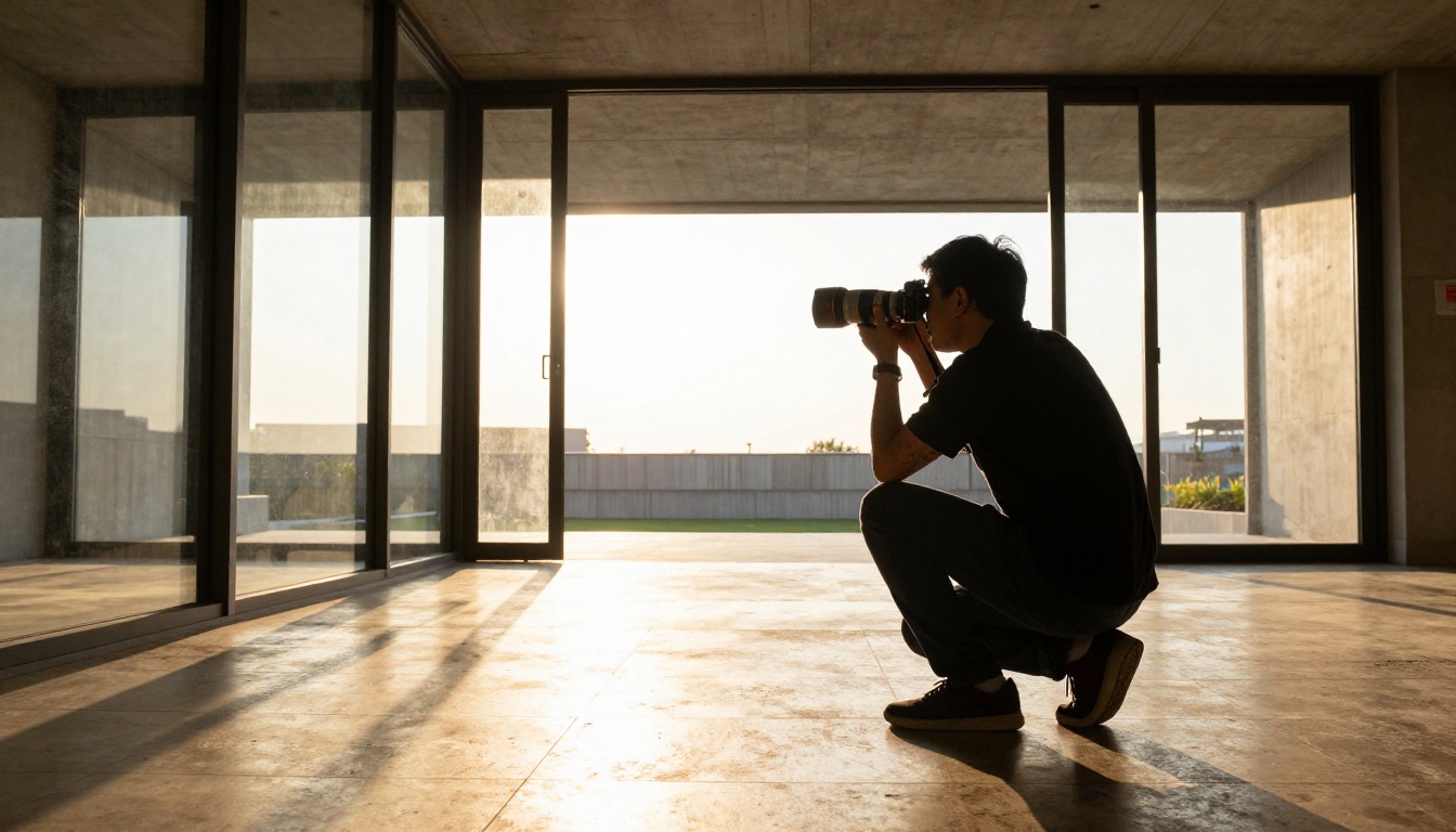 Documentary-style photograph of a photographer crouching low in an architectural space with golden hour light across a polished stone floor
