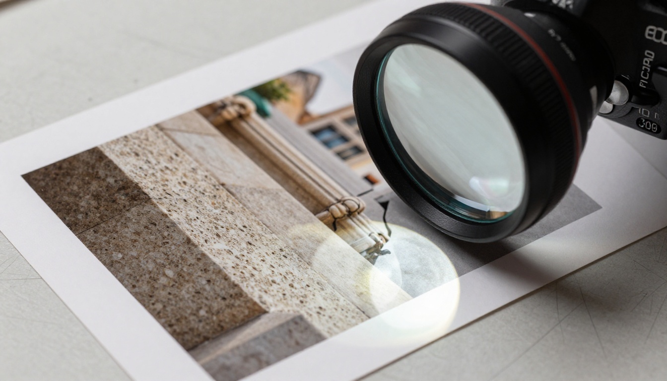 Extreme close-up macro photograph of a loupe magnifier inspecting an ultra-detailed architectural photograph printed on fine-art matte paper