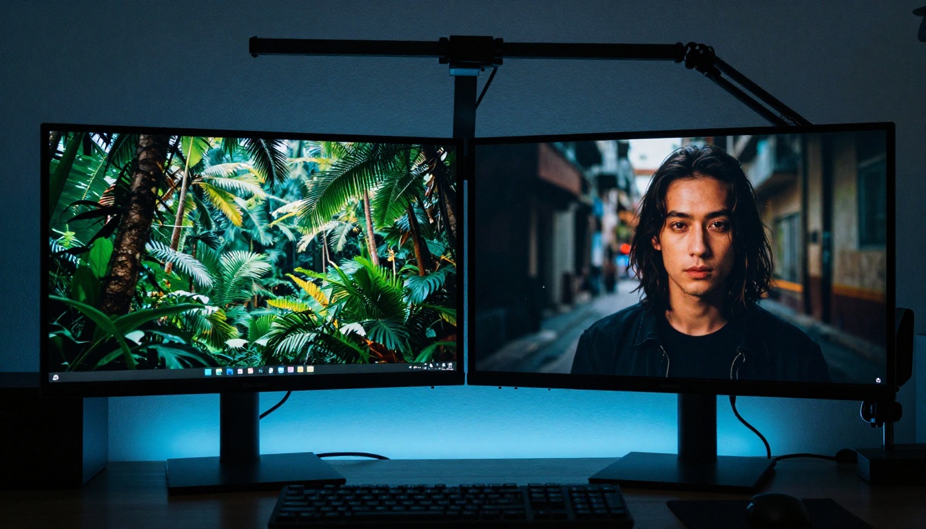 Two professional monitors mounted side by side in a dim studio, each displaying dramatically different photographic compositions with screen light as the primary illumination