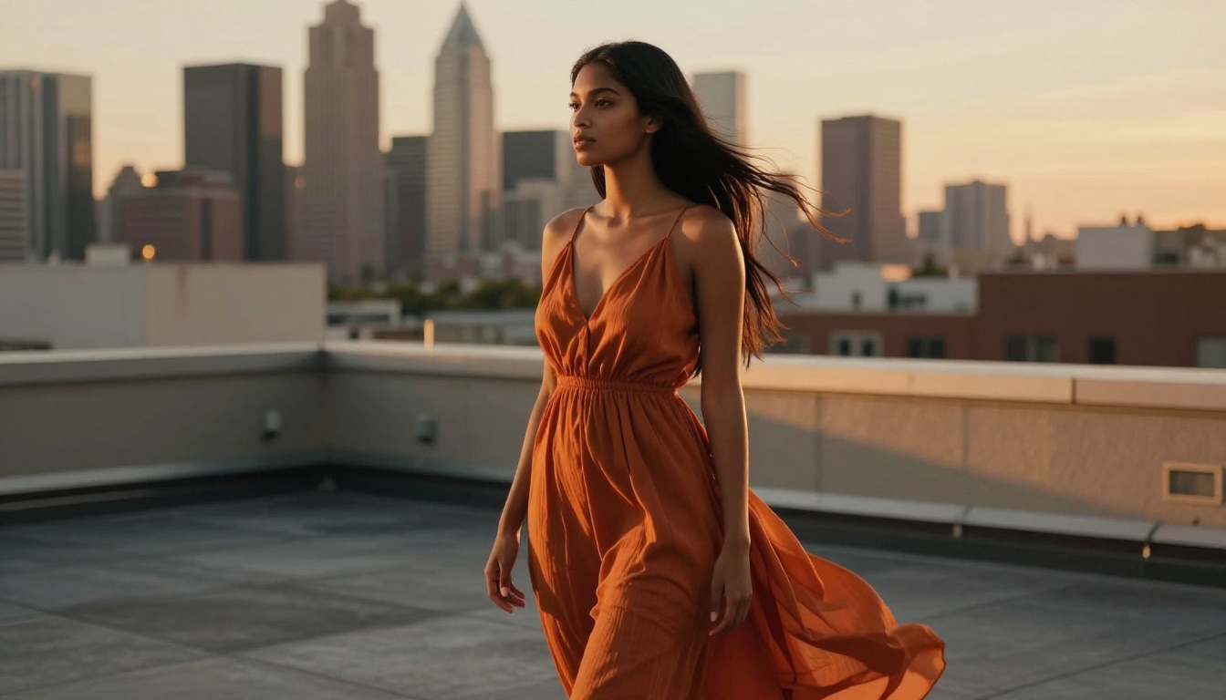 A beautiful woman in a flowing burnt-orange midi dress on an urban rooftop terrace at golden hour, warm city skyline soft behind her