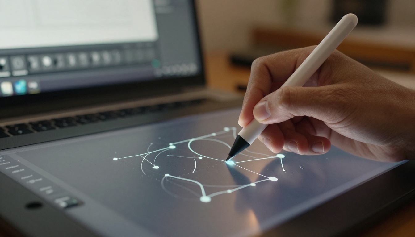 Close-up of designer's hand holding a stylus over a digital drawing tablet with SVG vector path nodes visible on the monitor screen behind
