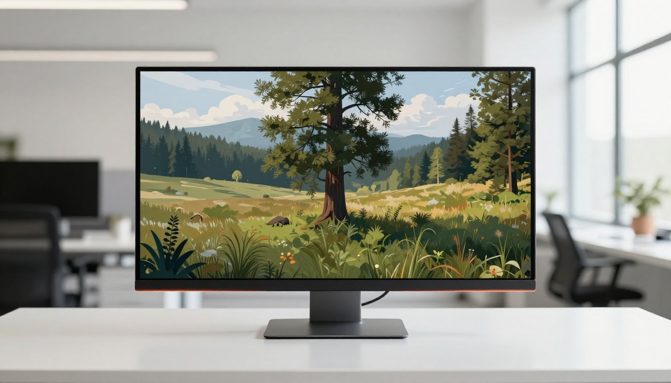 Widescreen monitor showing a split-screen comparison between crisp vector illustration and photorealistic AI-generated landscape on a minimalist white desk