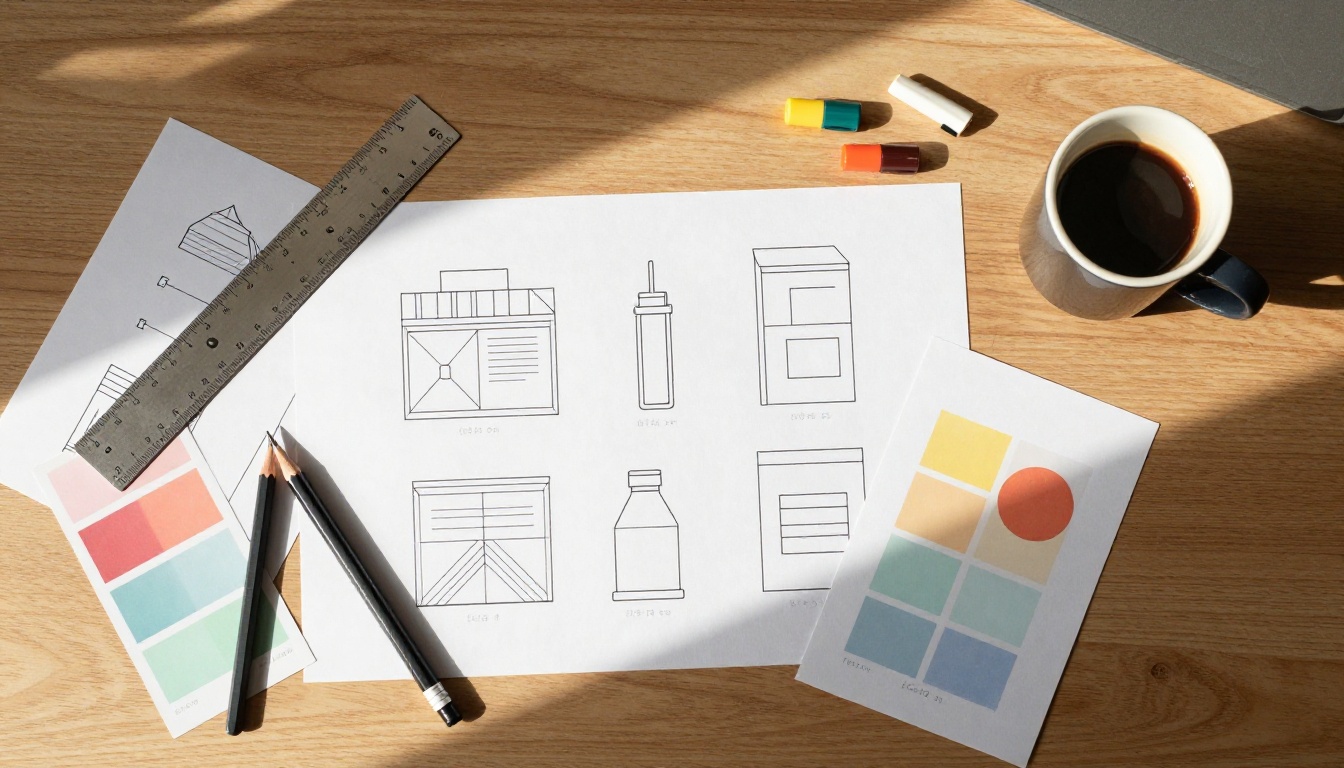 Aerial overhead flat-lay of a graphic designer's wooden desk with printed vector illustration sheets, color swatches, and design tools