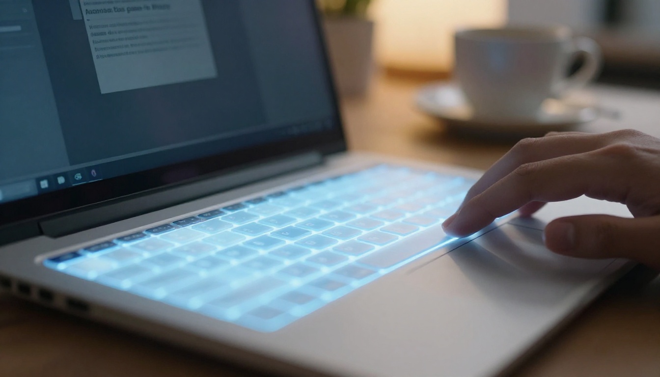 Close-up of open laptop screen showing an AI text-to-image interface with prompt input field glowing with soft blue-white light