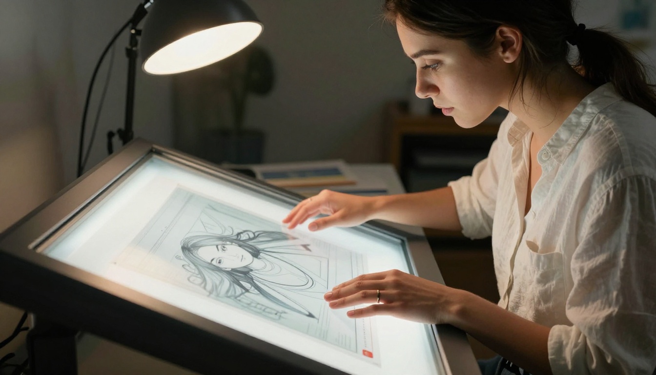 Young woman with dark hair reviewing printed AI-generated artwork on a professional light table in a photography studio