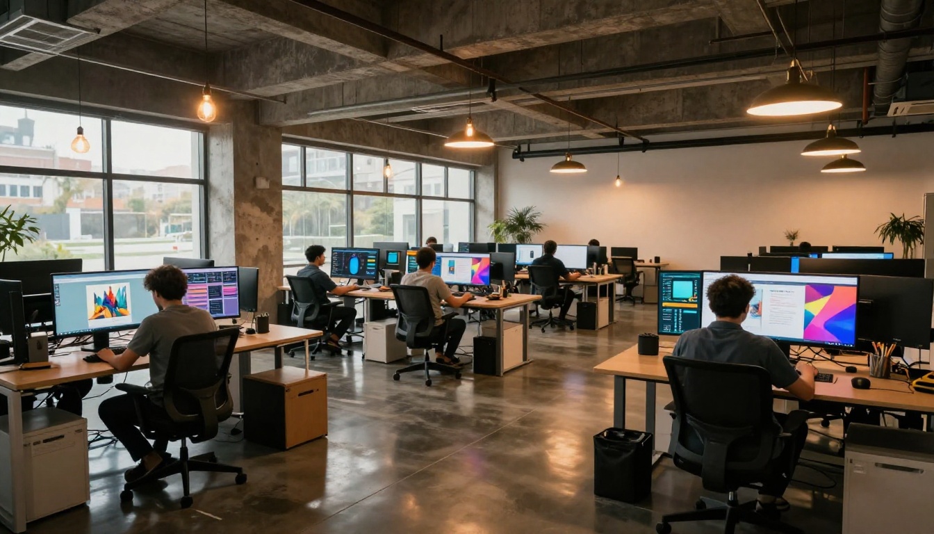 Wide establishing shot of a modern creative agency workspace with multiple monitors displaying AI-generated images and design mockups