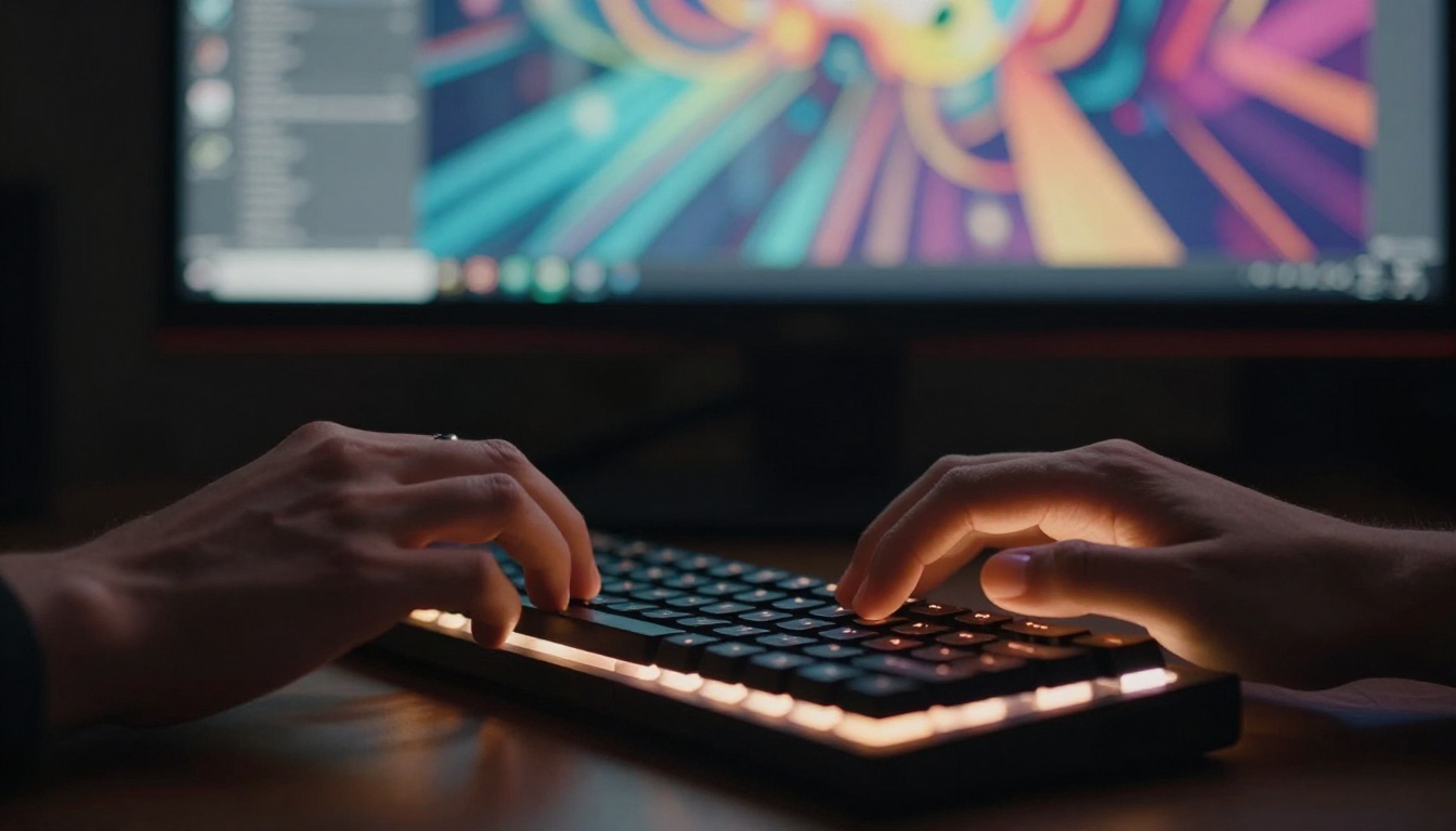 Close-up of two hands typing at a mechanical keyboard with a curved monitor displaying colorful AI artwork in the background