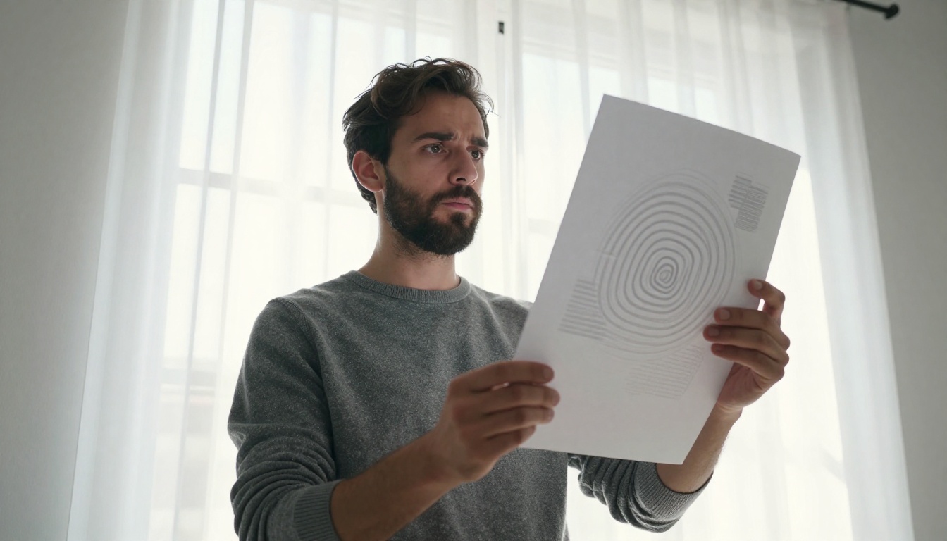 Bearded man holding a large printed vector logo design sheet against a bright studio window with natural daylight backlighting the paper