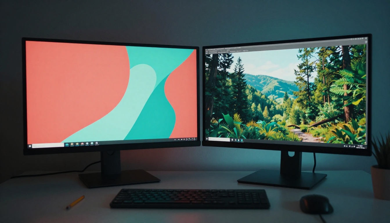 Two monitors side by side showing vector artwork and photorealistic AI-generated image on a designer's dual-screen workstation