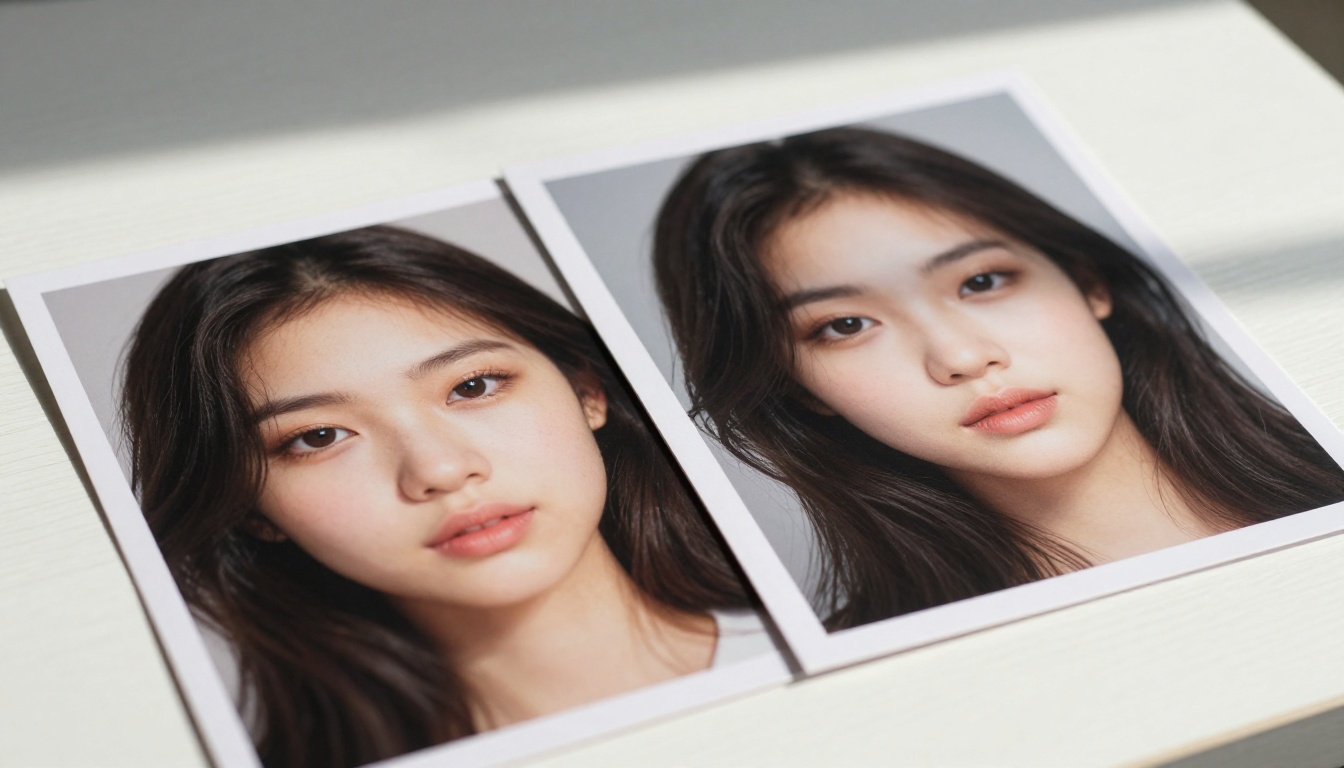 Two AI-generated portrait prints side by side on a white table