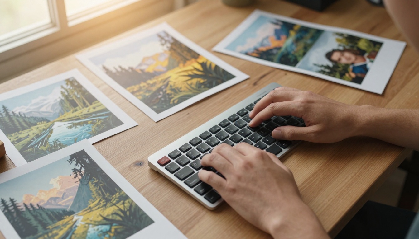 Designer workspace overhead view with printed AI art samples