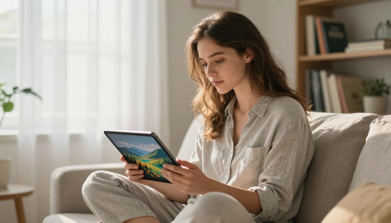 Woman on couch holding tablet with AI-generated landscape