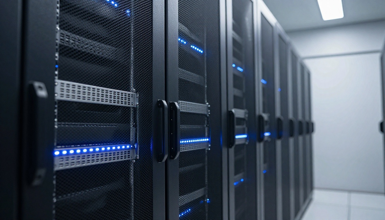 Data center server rack low angle view
