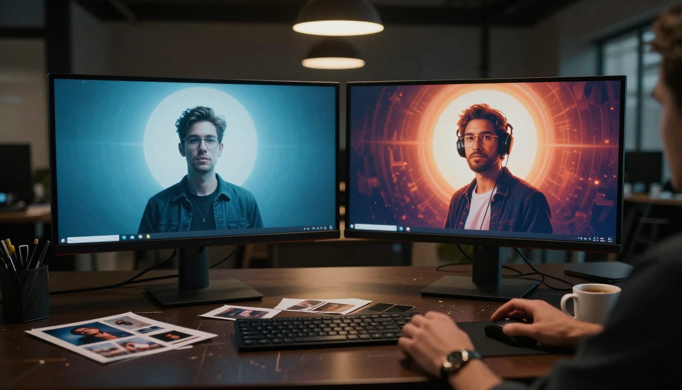 Dual monitors in creative agency showing AI image comparison between two different models