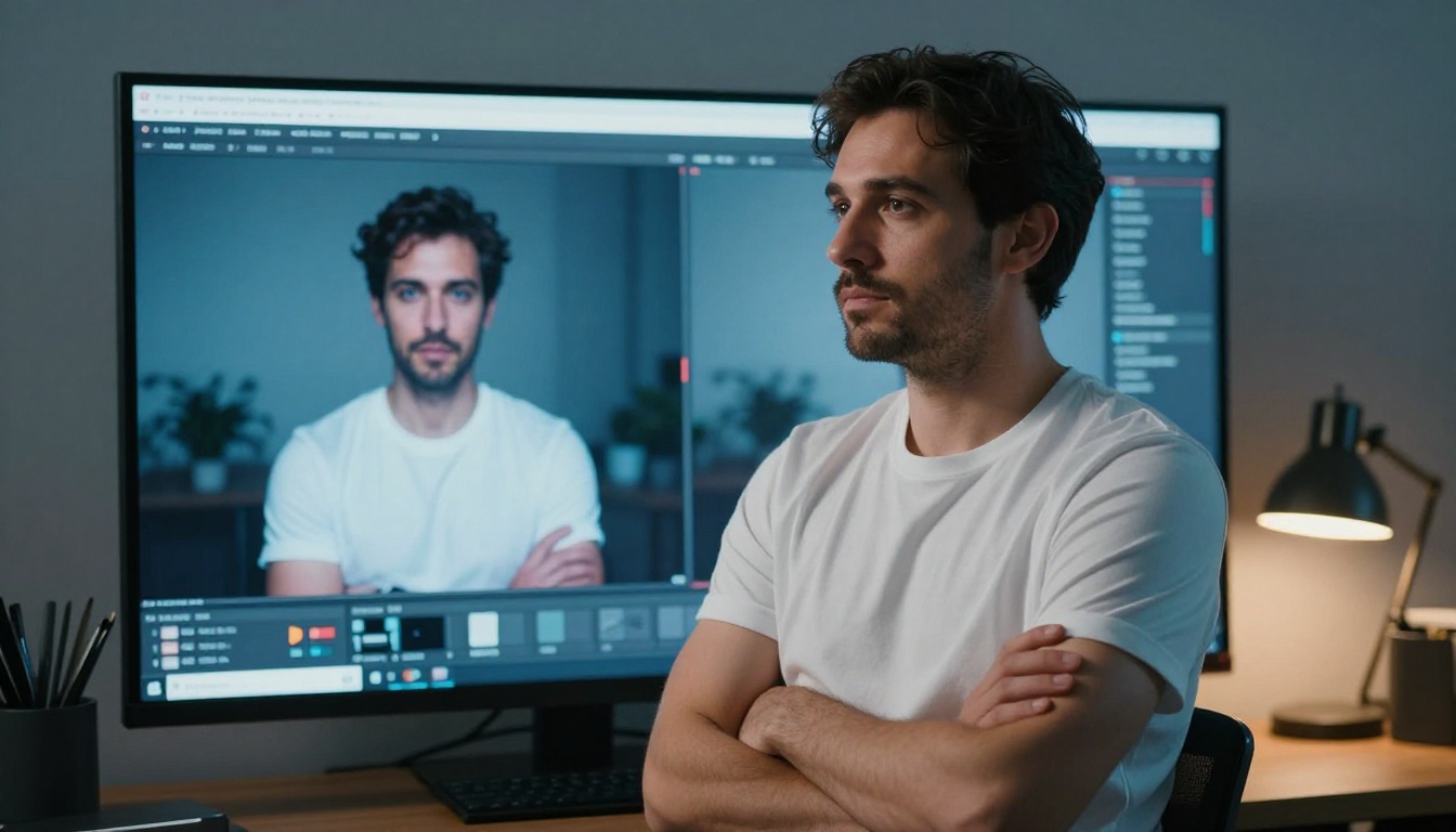 Man standing in front of AI image comparison monitor